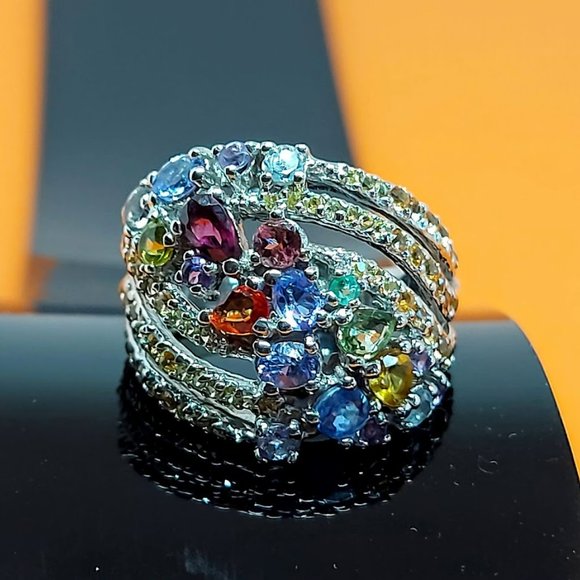 Natural Garnet, Emerald, Tanzanite 925 Sterling Silver Ring Sz 7.5 - Picture 2 of 9